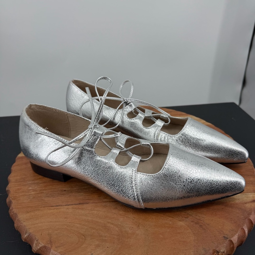 All Black Silver Leather Ghillie 24 Pointy Lace Up Flat Shoes 41 10.5 - Picture 1 of 7